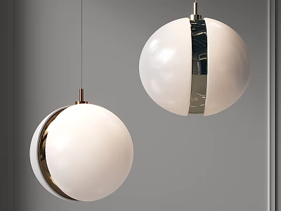 Modern White Spherical Pendant Lights With Metallic Stripes For Interior Lighting Design 3d model