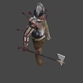 Game and Movie Character in Metal Armor with Helmet Holding Sword and Spikes on Back