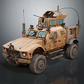 Military Tactical Utility Vehicle In Desert Tan With Armored Body Roof Equipment Antennas Large Tires