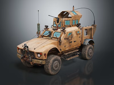 Military Tactical Utility Vehicle In Desert Tan With Armored Body Roof Equipment Antennas Large Tires 3d model