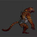 Humanoid Tiger Standing With Tattoos Carrying Swords And Long Blade Nearby