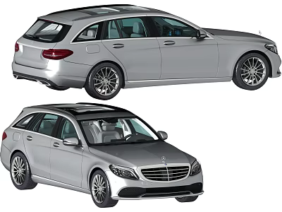 Silver Station Wagon Car Model Displayed In Two Angles Side And Front Views 3d model