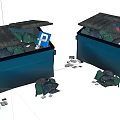 Public Facilities Blue Trash Bins With Open Lids Garbage Bags Inside And Scattered Trash Around