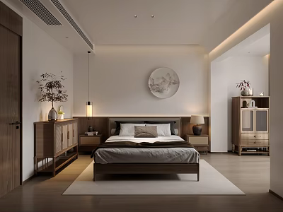 Modern Minimalist Bedroom Interior With Wooden Furniture Round Decorative Painting Nightstands Table Lamps And Rug 3d model