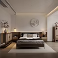 Modern Minimalist Bedroom Interior With Wooden Furniture Round Decorative Painting Nightstands Table Lamps And Rug