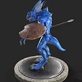 Mythical Blue Lizard Creature With Spear Standing On Round Stone Platform 3d model
