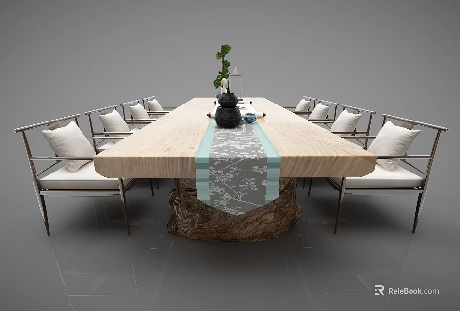 Dining Table Set With Wooden Tabletop Metal Chairs Green Plant Tea Set And Table Runner 3d model 