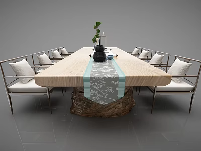 Dining Table Set With Wooden Tabletop Metal Chairs Green Plant Tea Set And Table Runner 3d model