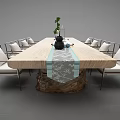 Dining Table Set With Wooden Tabletop Metal Chairs Green Plant Tea Set And Table Runner