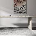 Modern Tea Table And Chairs With Wooden Surface Vase Abstract Wall Painting Patterned Rug
