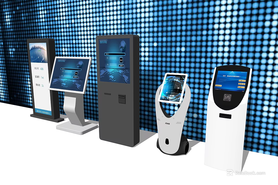 Modern Self Service Kiosks With Various Designs Touchscreen Displays And Blue Background 3d model 