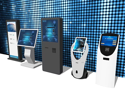 Modern Self Service Kiosks With Various Designs Touchscreen Displays And Blue Background 3d model