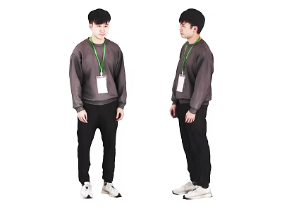 Man in Gray Sweatshirt Black Pants White Sneakers with Green Lanyard White ID Badge 3d model