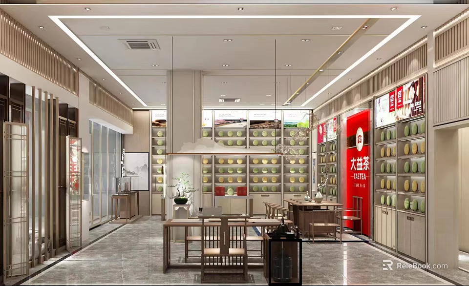 Traditional Tea Store Interior With Red Signage Shelves And Tables 3d model 