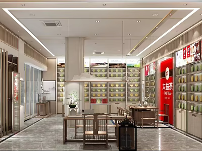 Traditional Tea Store Interior With Red Signage Shelves And Tables 3d model