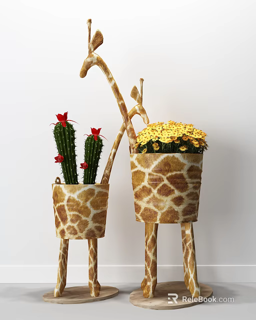 Giraffe Patterned Planters With Cactus Red Flowers And Yellow Blooms For Garden Decor 3d model 