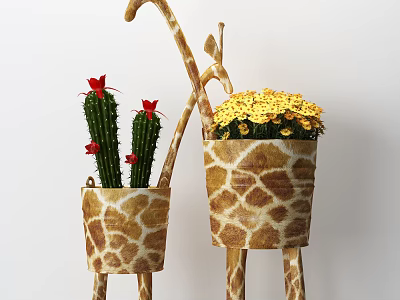 Giraffe Patterned Planters With Cactus Red Flowers And Yellow Blooms For Garden Decor 3d model