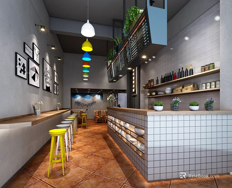 Modern Casual Restaurant Interior With Colorful Pendant Lights Yellow Bar Stools And Tiled Bar Counter 3d model 