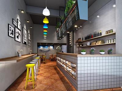 Modern Casual Restaurant Interior With Colorful Pendant Lights Yellow Bar Stools And Tiled Bar Counter 3d model
