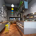 Modern Casual Restaurant Interior With Colorful Pendant Lights Yellow Bar Stools And Tiled Bar Counter