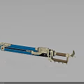 Blue And White Chainsaw With Wooden Handle Metallic Parts Stylish Modern Weapon Design