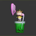 Yellow Cream Dessert in Green Cup with Cartoon Characters and Pink Hearts