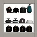 Elegant Modern Tea Sets With Ceramic Teapots And Metal Caddies On Display Shelves