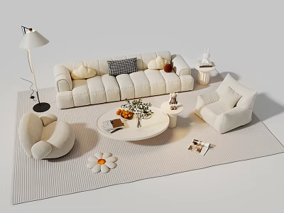 Modern Sofa And Coffee Table Set With White Armchairs Striped Rug Floor Lamp And Flower Vase 3d model
