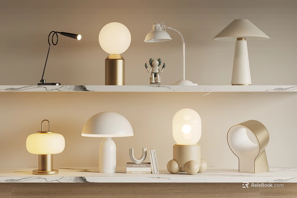 Various Modern Table Lamps On Marble Shelves With Different Minimalist Designs And Decorative Pieces 3d model 
