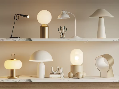 Various Modern Table Lamps On Marble Shelves With Different Minimalist Designs And Decorative Pieces 3d model