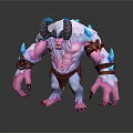 Mythical Horned Monster Character With Pink Skin White Fur Brown Straps And Blue Glowing Crystals