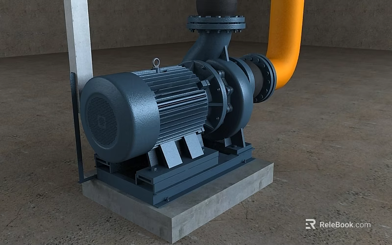 Industrial Pump With Electric Motor And Yellow Pipeline On Concrete Base 3d model 