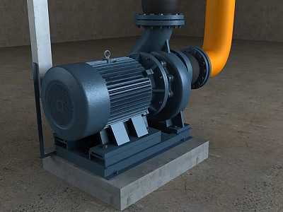 Industrial Pump With Electric Motor And Yellow Pipeline On Concrete Base 3d model