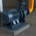 Industrial Pump With Electric Motor And Yellow Pipeline On Concrete Base