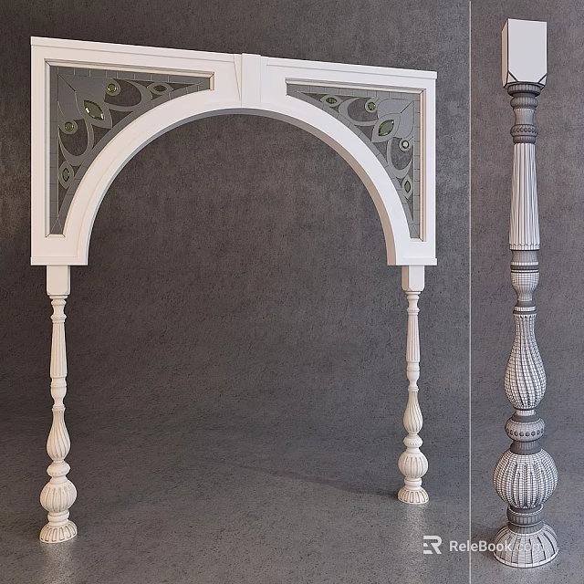 Intricate White Wooden Door Arch With Decorative Patterns And Columns 3d model 