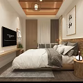 Chinese Style Hotel Guest Room With Wooden Ceiling Lantern Lights Calligraphy Painting And Open Bathroom