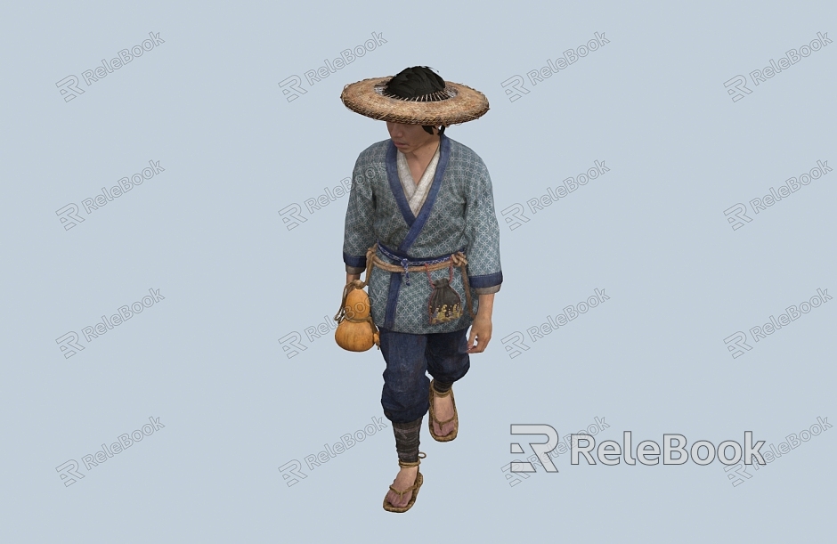 chinese man minority figure bamboo hat gourd jug male model