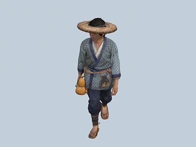 chinese man minority figure bamboo hat gourd jug male model