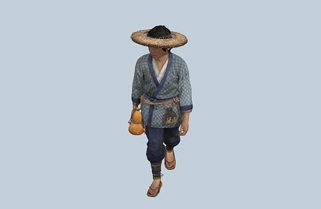 chinese man minority figure bamboo hat gourd jug male 3d model