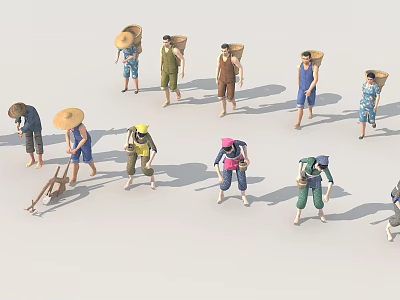 Group of People Wearing Straw Hats Bending and Working in Outdoor Field 3d model