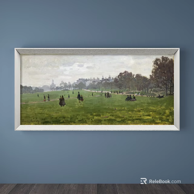 Scenic Landscape Painting Featuring Green Meadow Trees People And Distant Architecture 3d model 