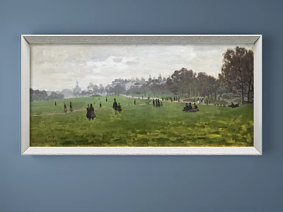 Scenic Landscape Painting Featuring Green Meadow Trees People And Distant Architecture 3d model
