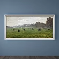 Scenic Landscape Painting Featuring Green Meadow Trees People And Distant Architecture