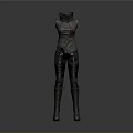Woman Wearing Sleeveless Leather Bodysuit With Straps And Dark Colored Long Boots