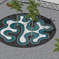 Round Garden Ornament with Blue White Wavy Patterns and Palm Trees
