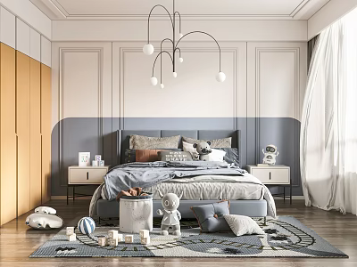 Cozy Kids Room Interior With Soft Bedding Playful Toys And Modern Chandelier 3d model