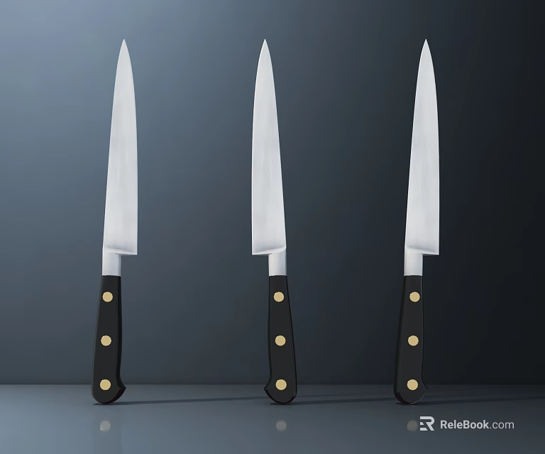 Three Kitchen Knives With Silver Blades Black Handles And Gold Rivets 3d model 