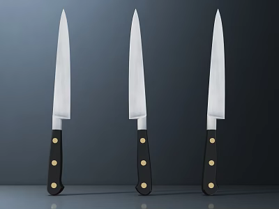 Three Kitchen Knives With Silver Blades Black Handles And Gold Rivets 3d model