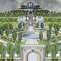 Ancient Architecture Grand Corridor With Glass Roof Decorative Columns Green Plants Fountains And Water Pools
