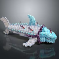 Game Style Block Built Aquatic Animal Shark Featuring Blue White Purple And Teal Accents